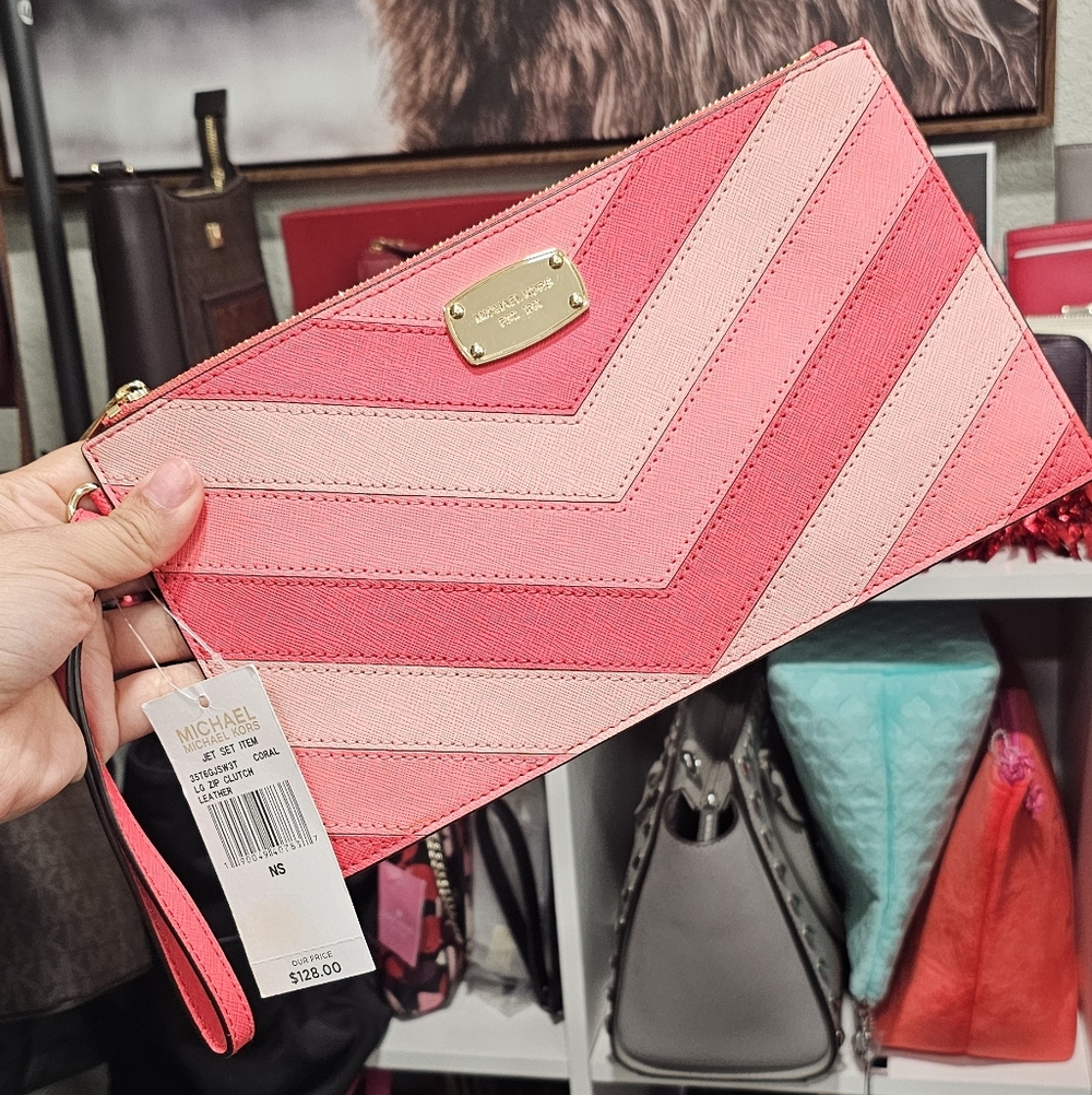 Michael Kors Coral and Pink Chevron Wristlet NWT